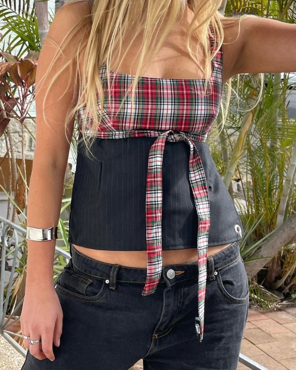 Obi Reversible Top in Red/Grey Pinstripe