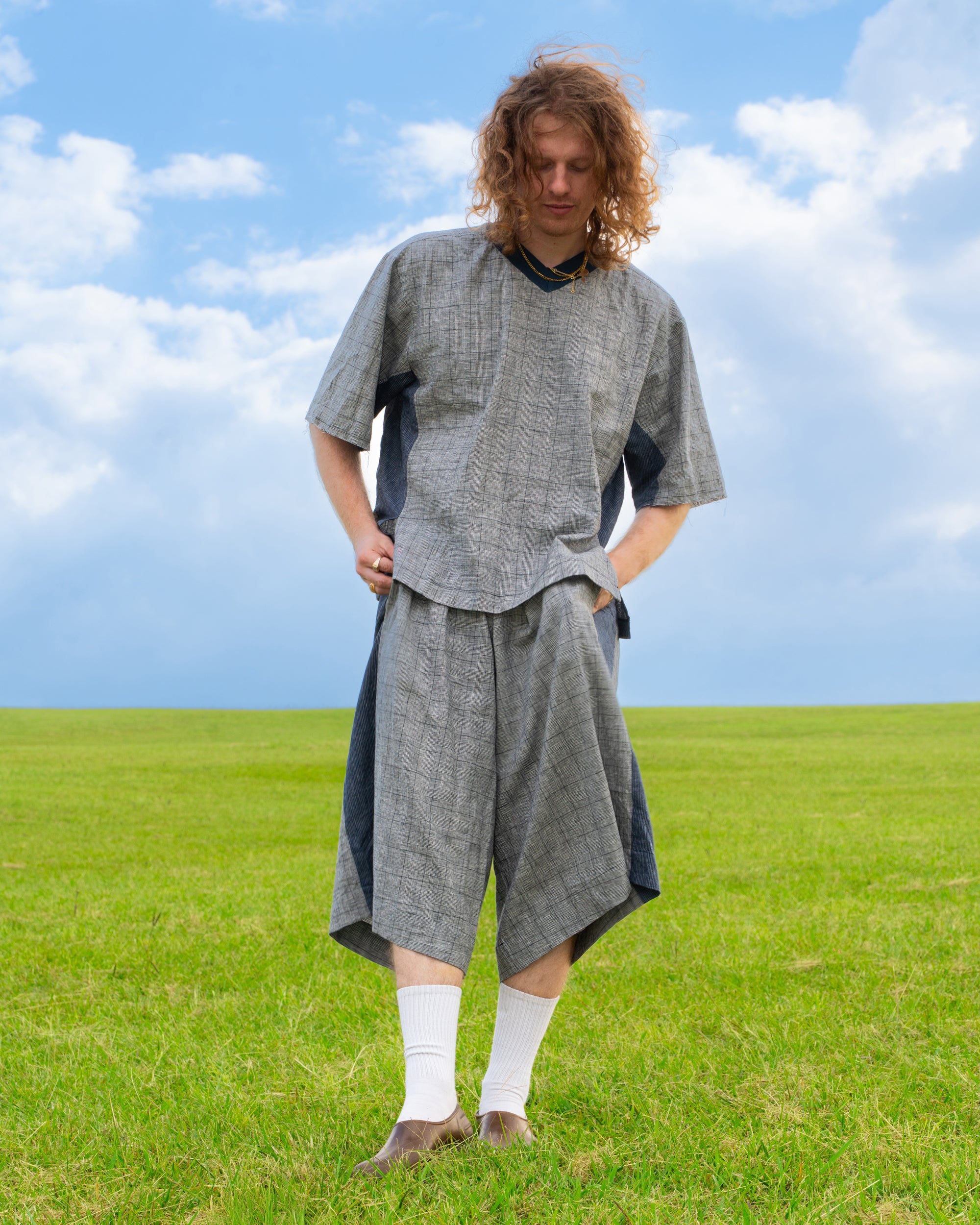 Hiro Jersey Top in Grey Plaid