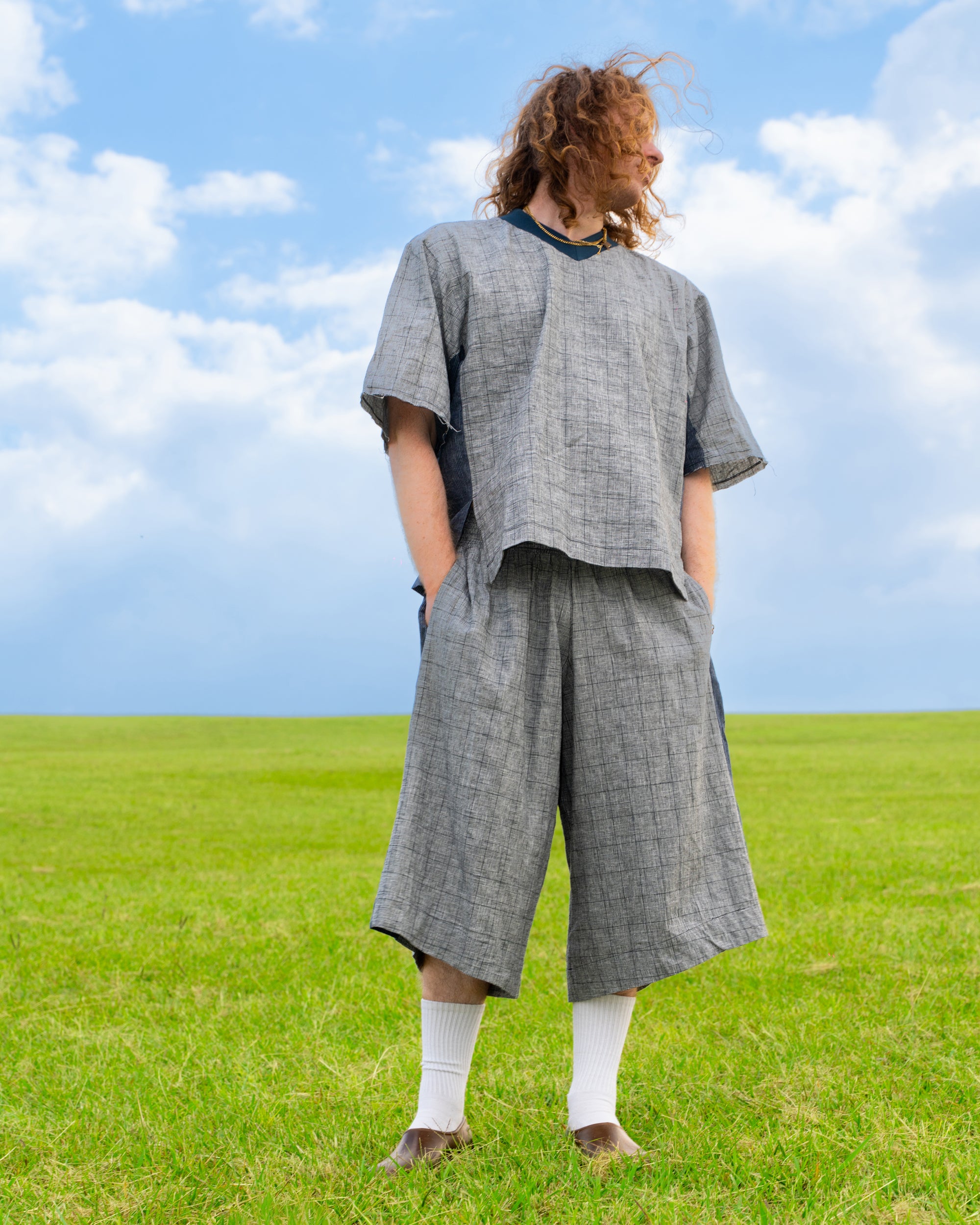 Hiro Jersey Top in Grey Plaid