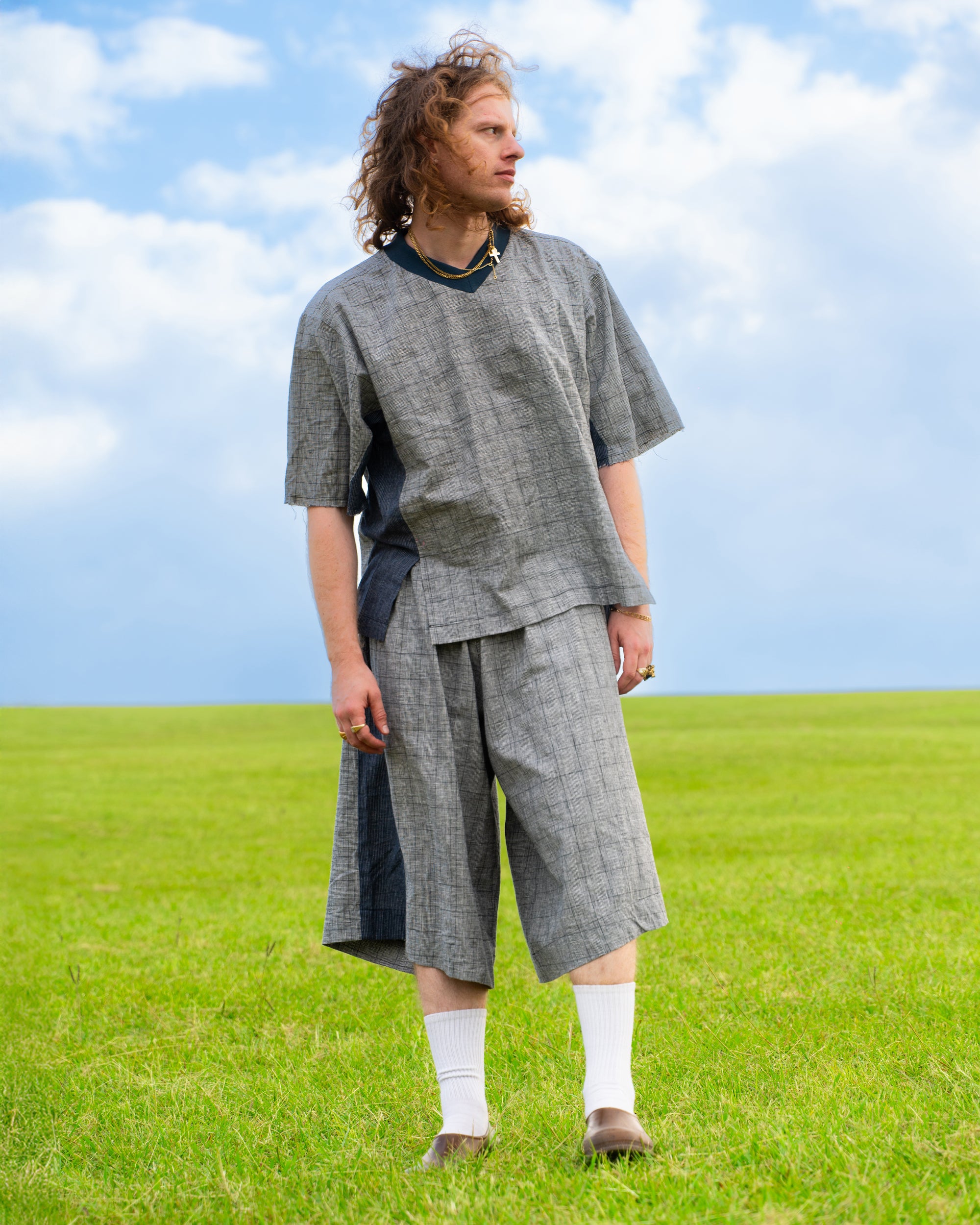 Hiro Jersey Top in Grey Plaid