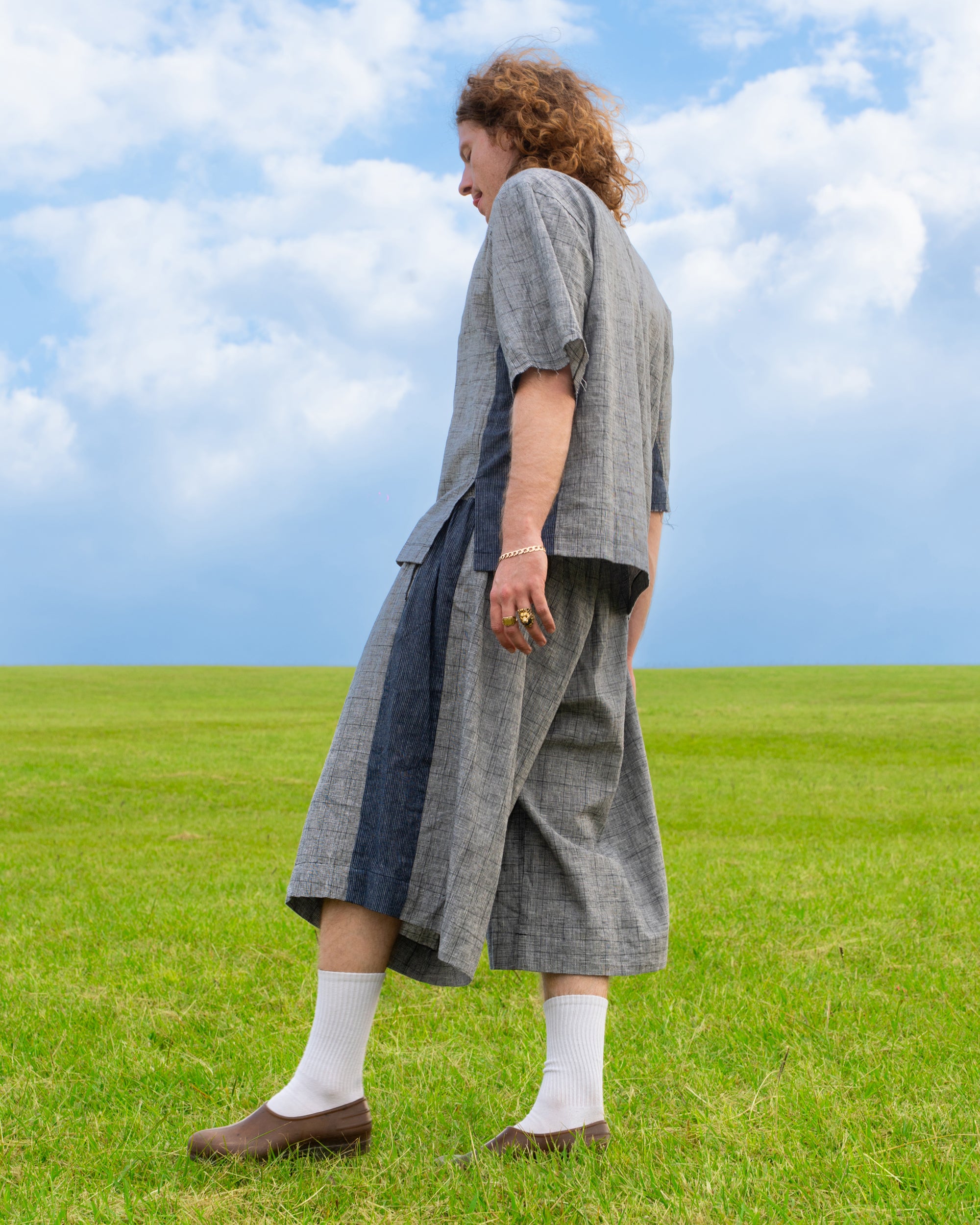 Hiro Jersey Top in Grey Plaid