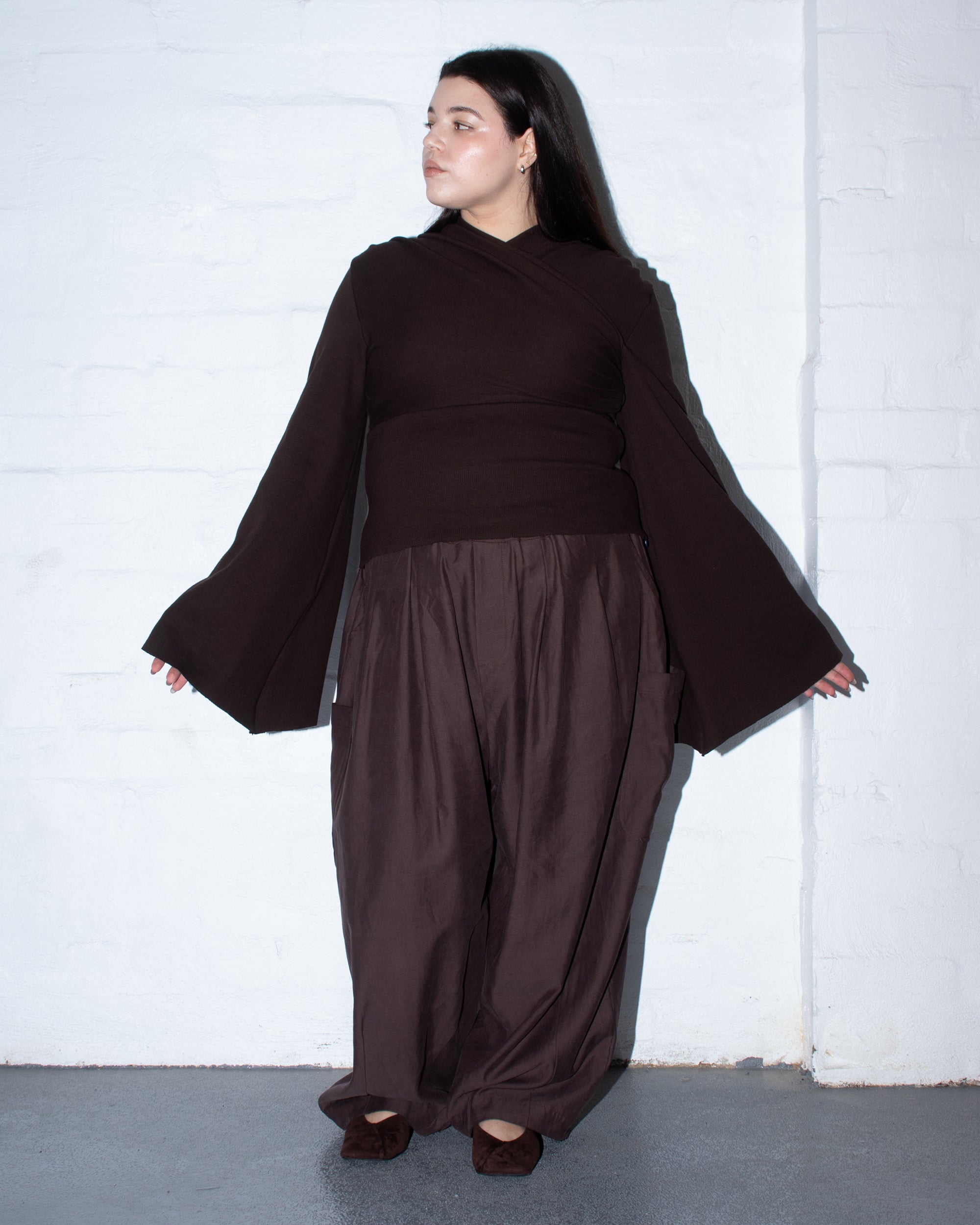 Long Sleeve Kimono Ribbed Top in Cocoa