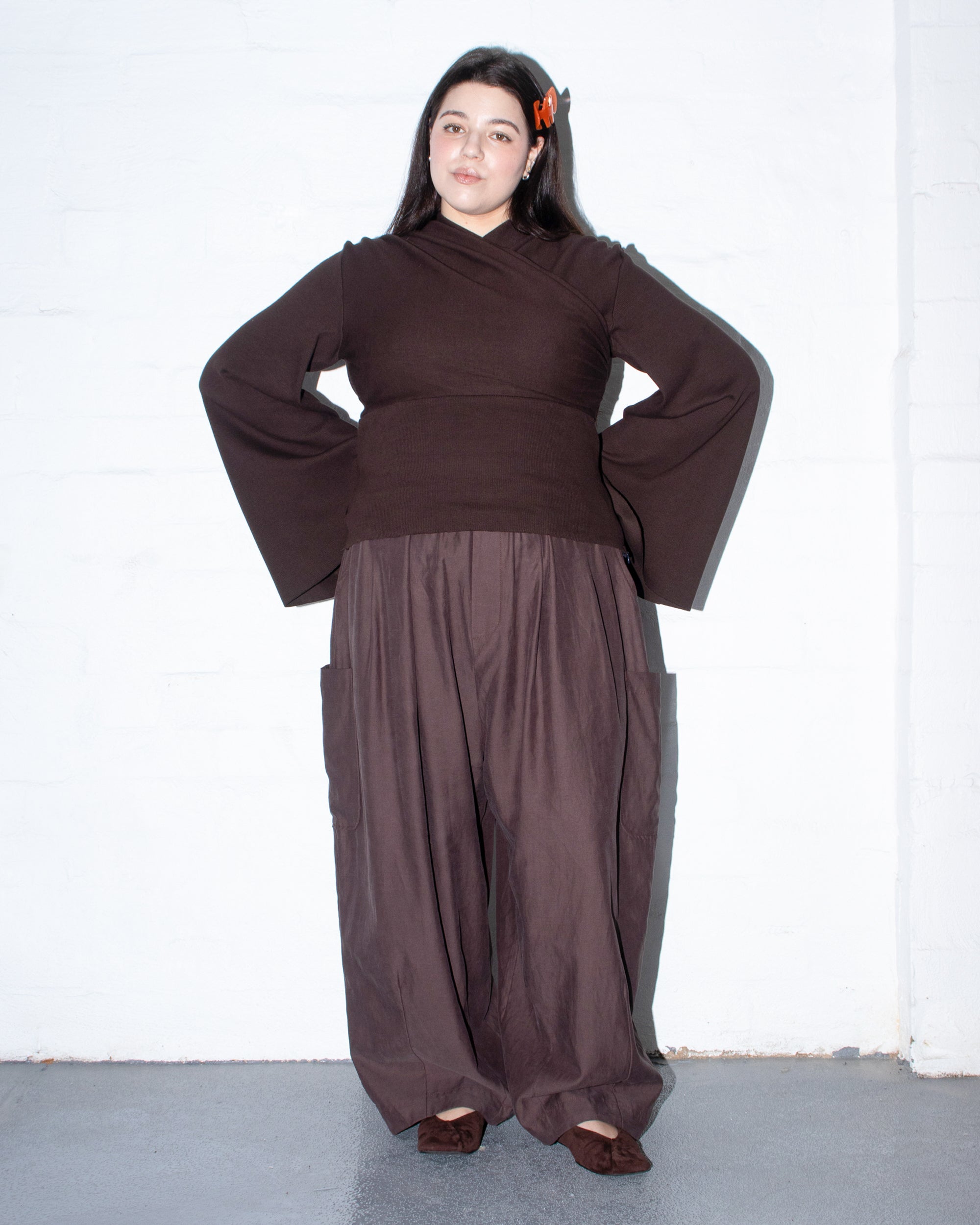 Long Sleeve Kimono Ribbed Top in Cocoa