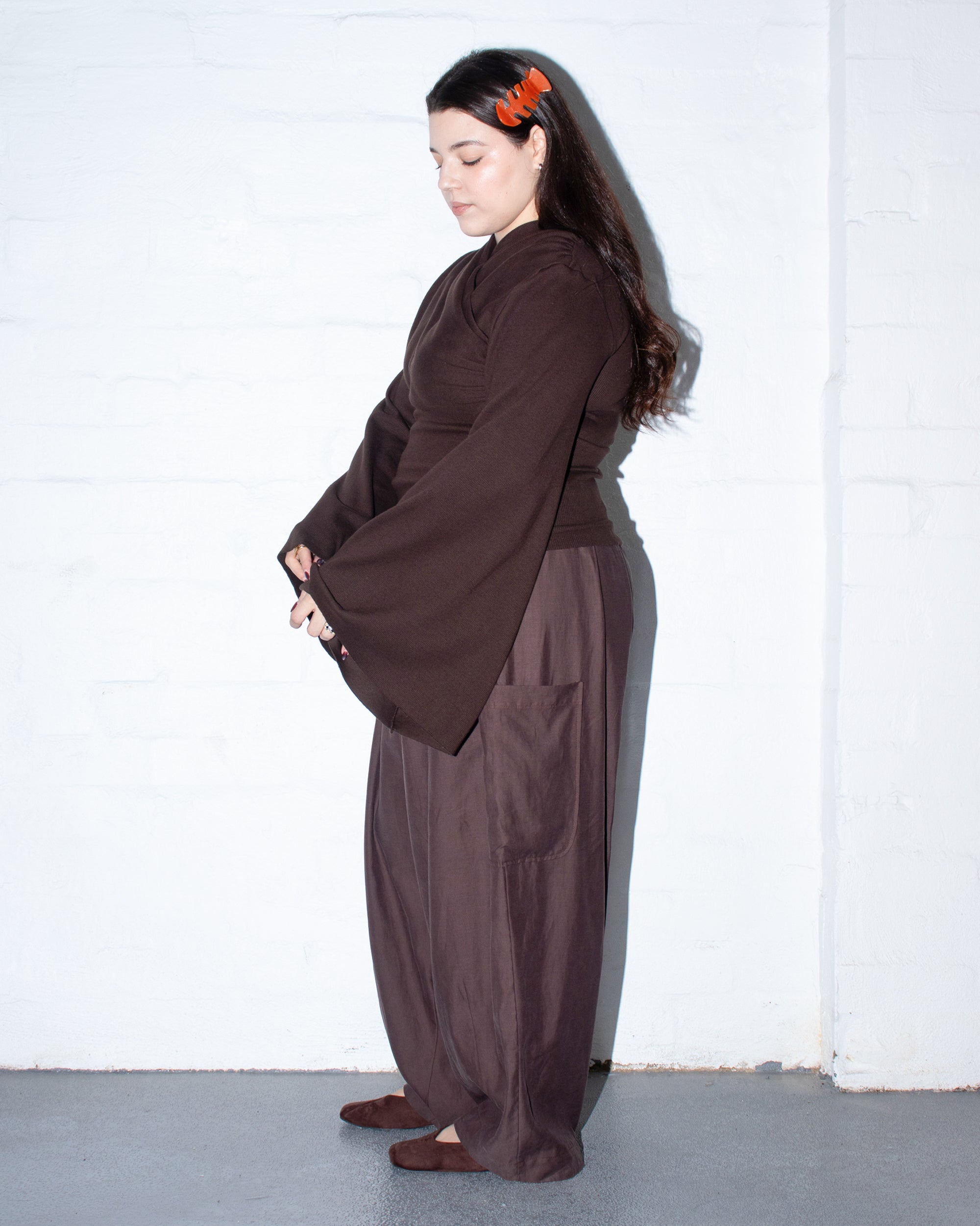 Long Sleeve Kimono Ribbed Top in Cocoa