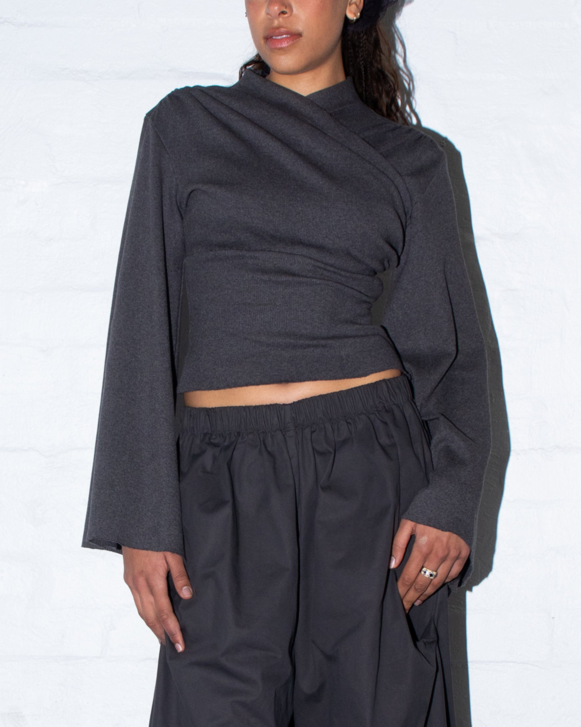 Long Sleeve Kimono Ribbed Top in Charcoal