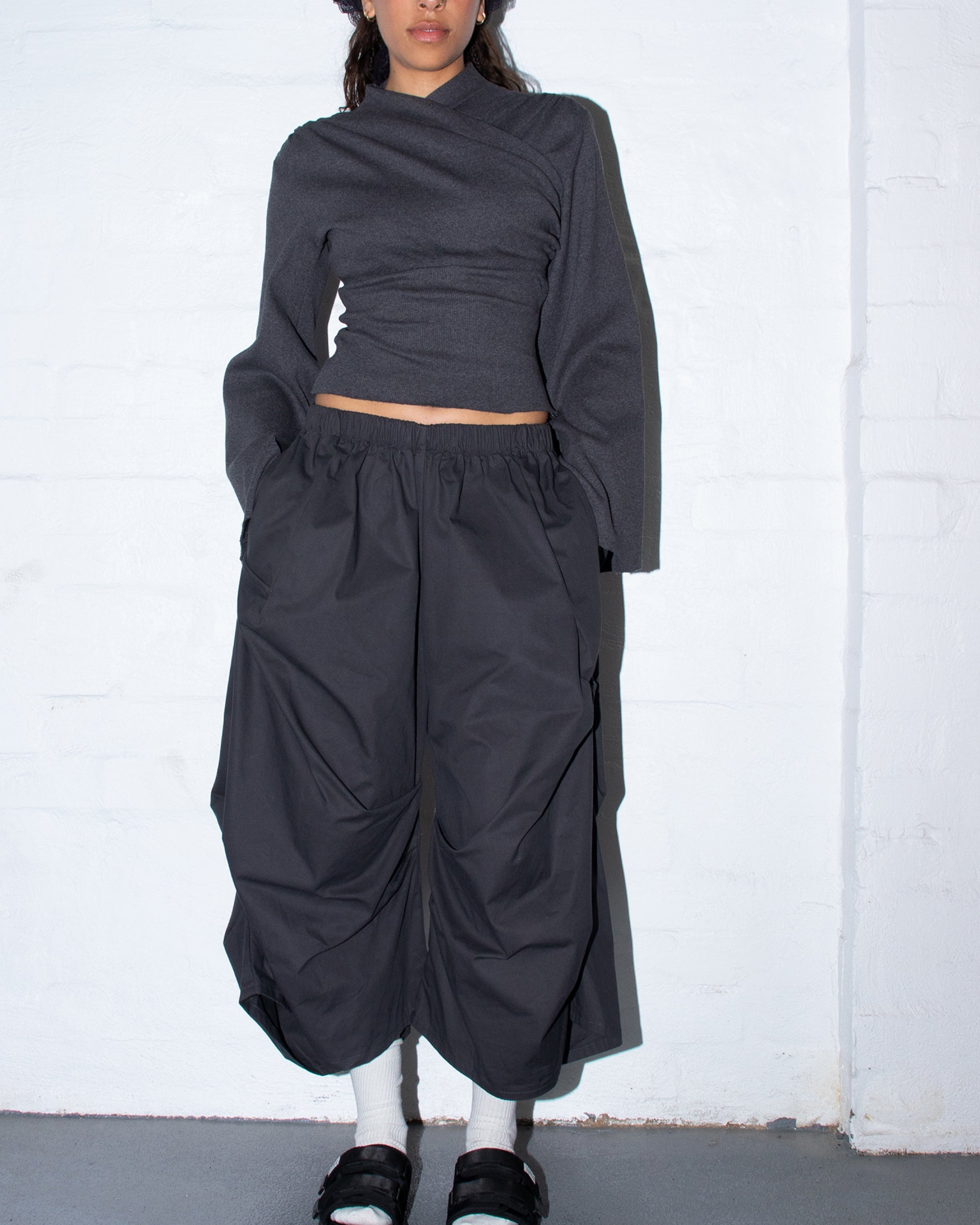 Long Sleeve Kimono Ribbed Top in Charcoal