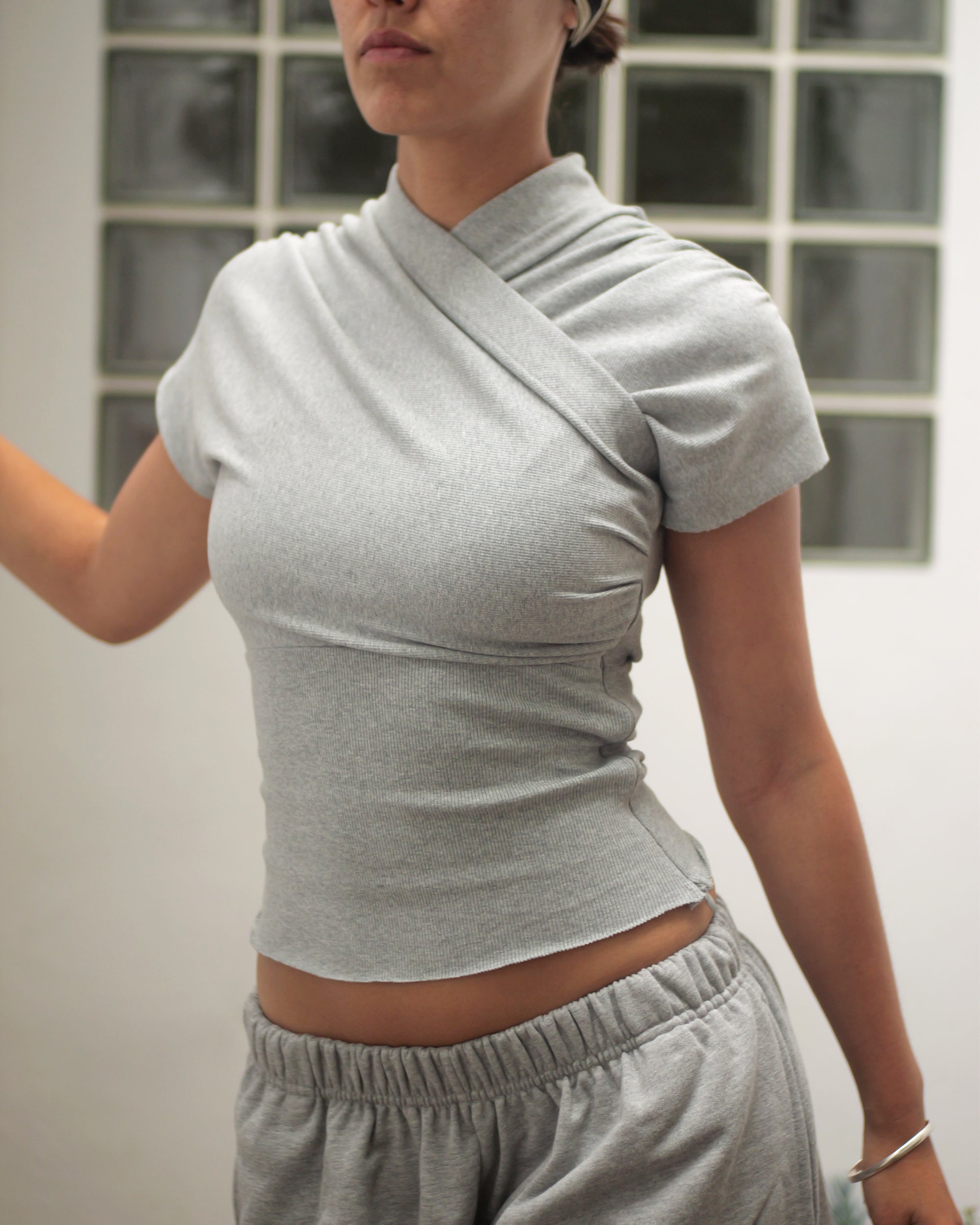 Kimono Ribbed Top in Grey Marle